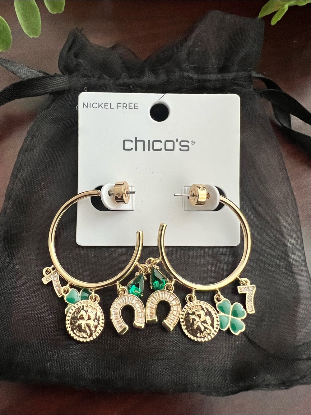 Chico’s gold hoop charm earrings with green teardrop